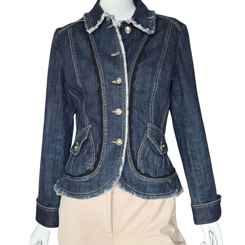 Cache Denim Jacket With Rhinestone Buttons And Black Lace Trim Size 10 - Picture 4 of 5